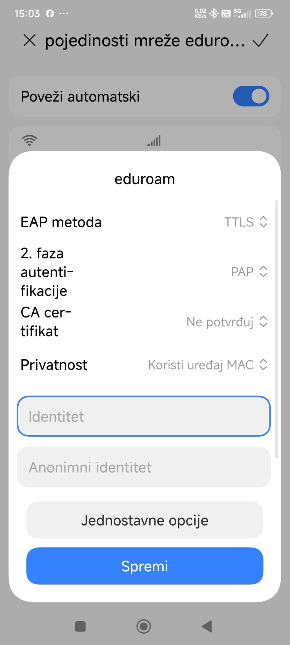 Android eduroam – mrežne postavke